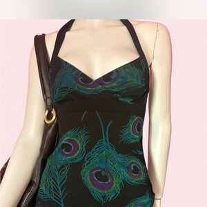 Black Halter Dress with Peacock Feather Print